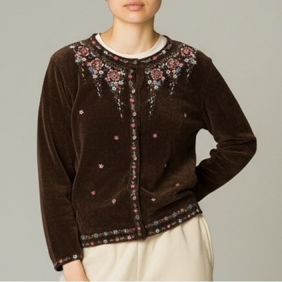 Vintage Sweaters - Vtg Brown Chenille Cardigan Sz L • Beaded Embroidery Sparkle Cottagecore‎ Granny